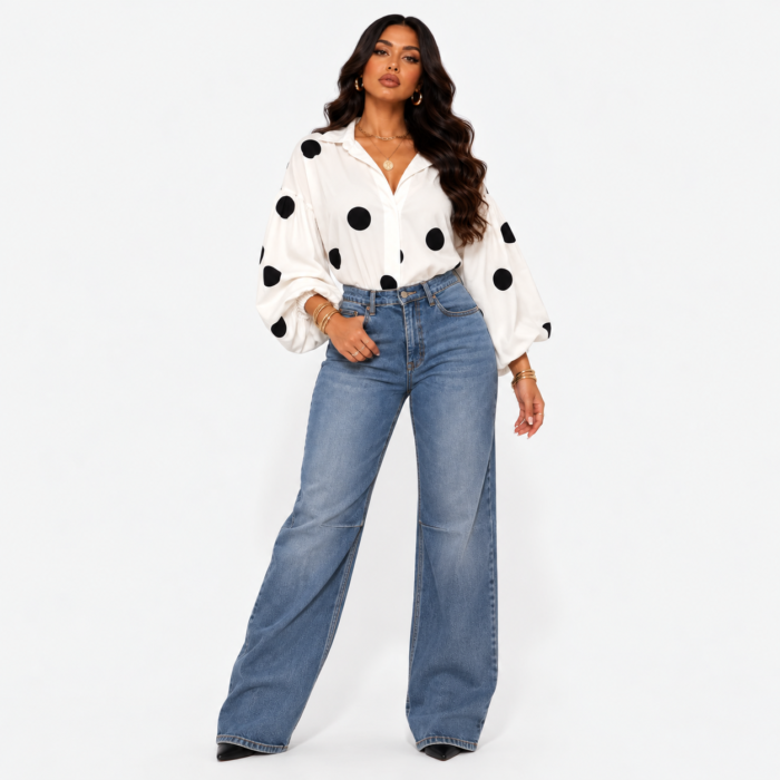 Polka Dot V-Neck Puff Sleeve Blouse