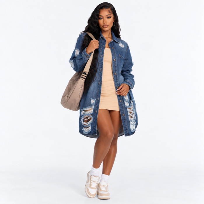 Long Length Denim Distressed Shirt Jacket