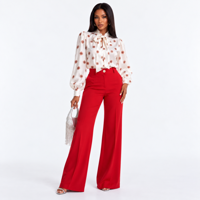 Long Sleeve Printed Bow Blouse