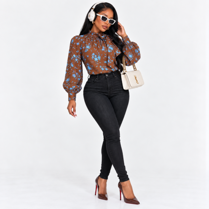 Floral Print Bow Puff Sleeve Blouse